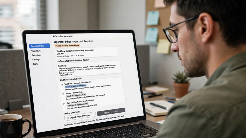 AI automation error handling workflow showing retries, rate limits and human approval steps