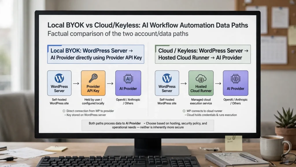 AI Workflow Automation local BYOK and cloud execution modes showing different AI data paths