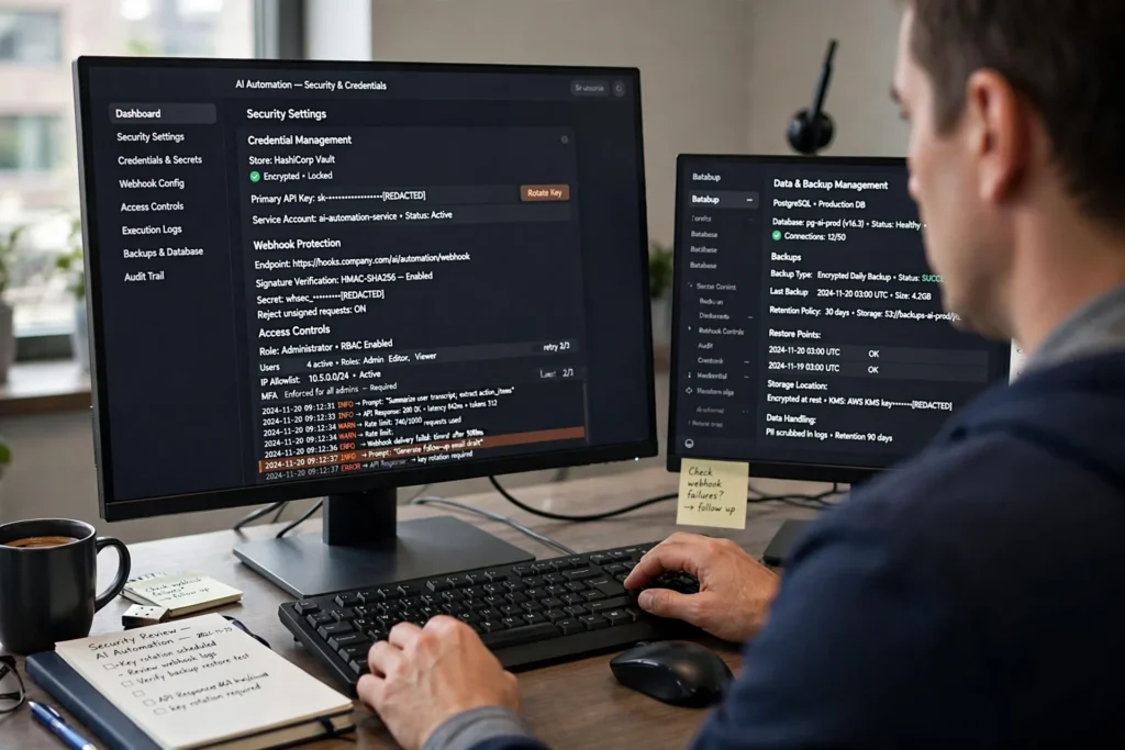 WordPress AI automation security workflow showing API keys, data handling and webhook connections