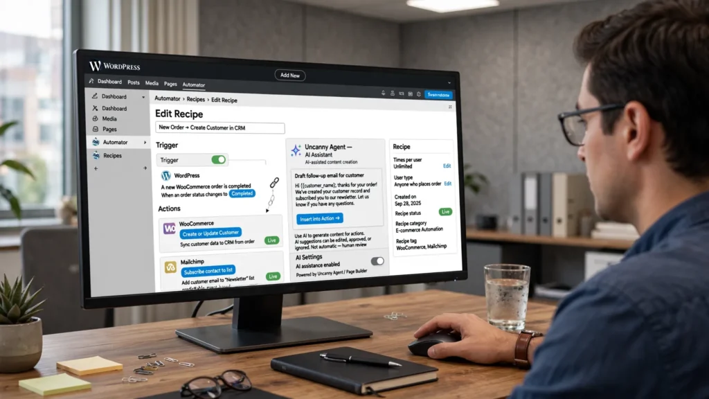 Uncanny Automator WordPress recipe builder for connecting plugins and automated actions