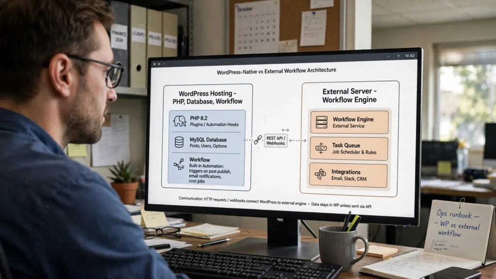 WordPress AI automation workflow connecting a website to AI providers and external services