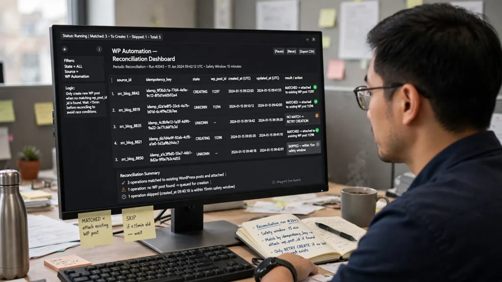 Reconciliation and operational monitoring: uncertain/stuck operations are reviewed and matched against WordPress.