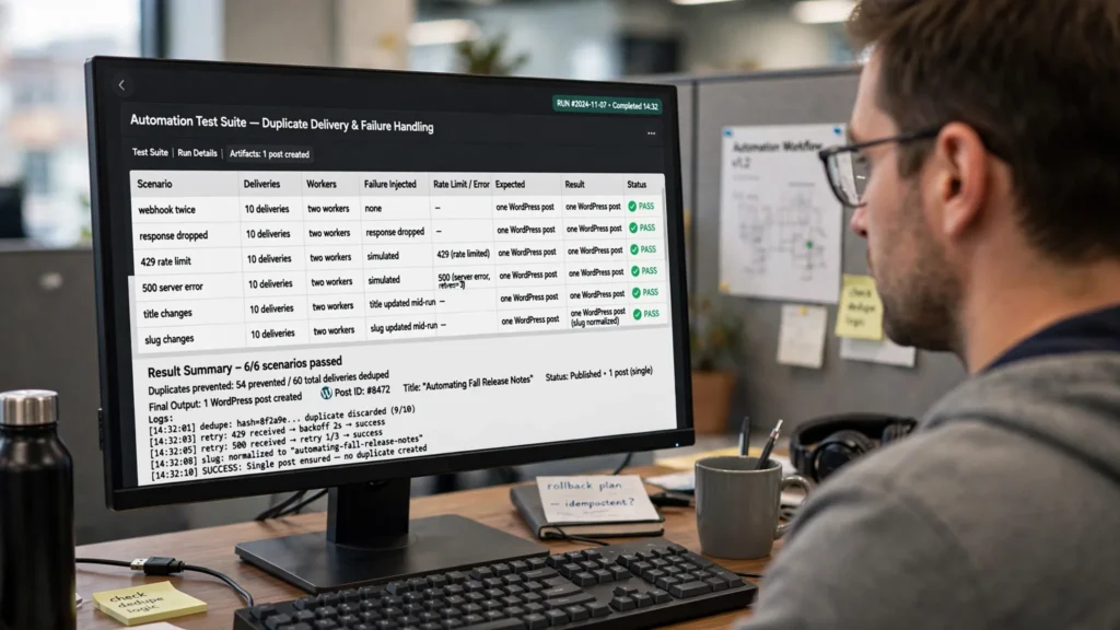Failure testing: an automation workflow is tested with duplicate webhooks, concurrent workers, dropped responses, timeouts, and changing titles/slugs.