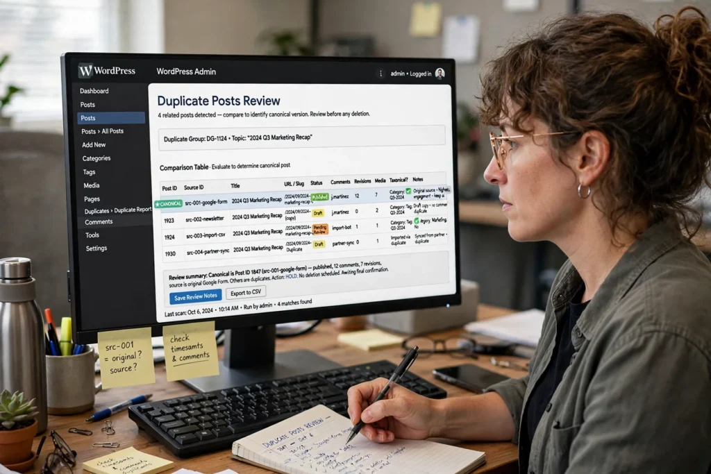 Existing duplicate cleanup: a careful operator reviews potentially duplicate WordPress posts before any destructive cleanup.
