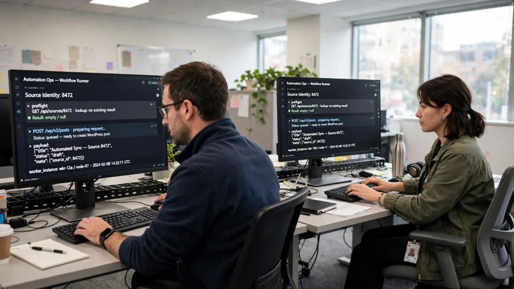 The race condition: two workers simultaneously check WordPress and both proceed to create a post.
