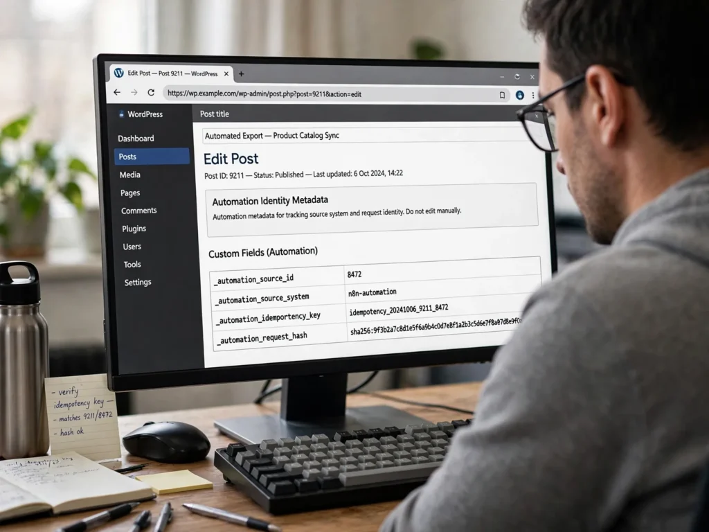 WordPress metadata identity: a WordPress post contains source ID, source system, idempotency key, and request hash.