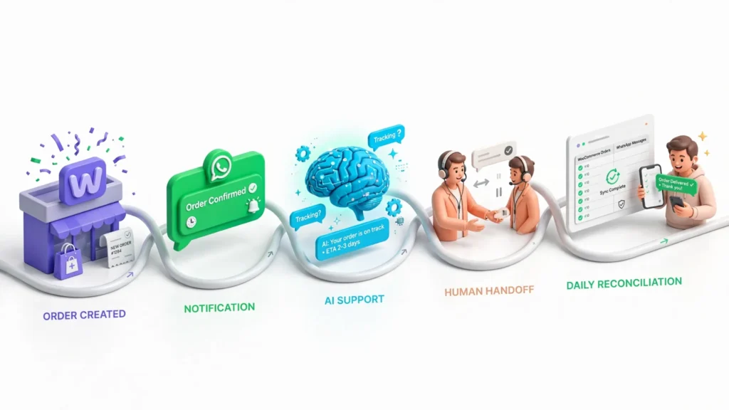 End-to-end WooCommerce WhatsApp AI order notification and customer support workflow