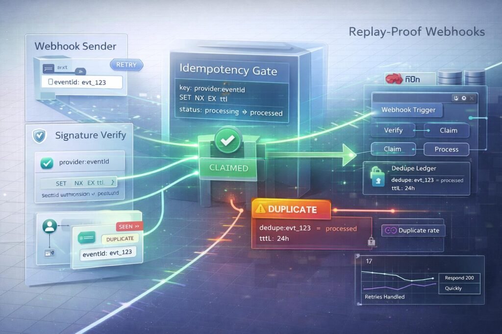 CRM lead idempotency flow preventing duplicate contacts during webhook retries