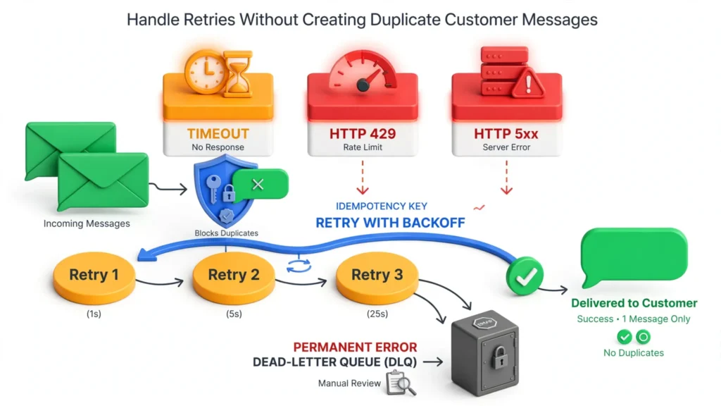 WhatsApp message retry workflow with exponential backoff and dead-letter handling