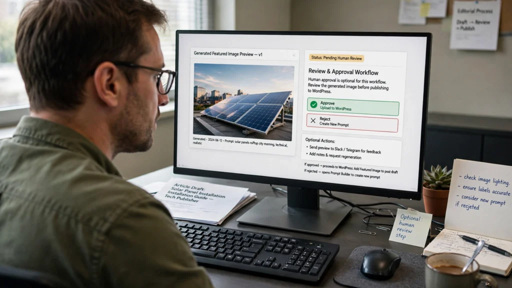 Failure recovery and human approval — a generated image being reviewed before publication, with approval/rejection and retry logic.
