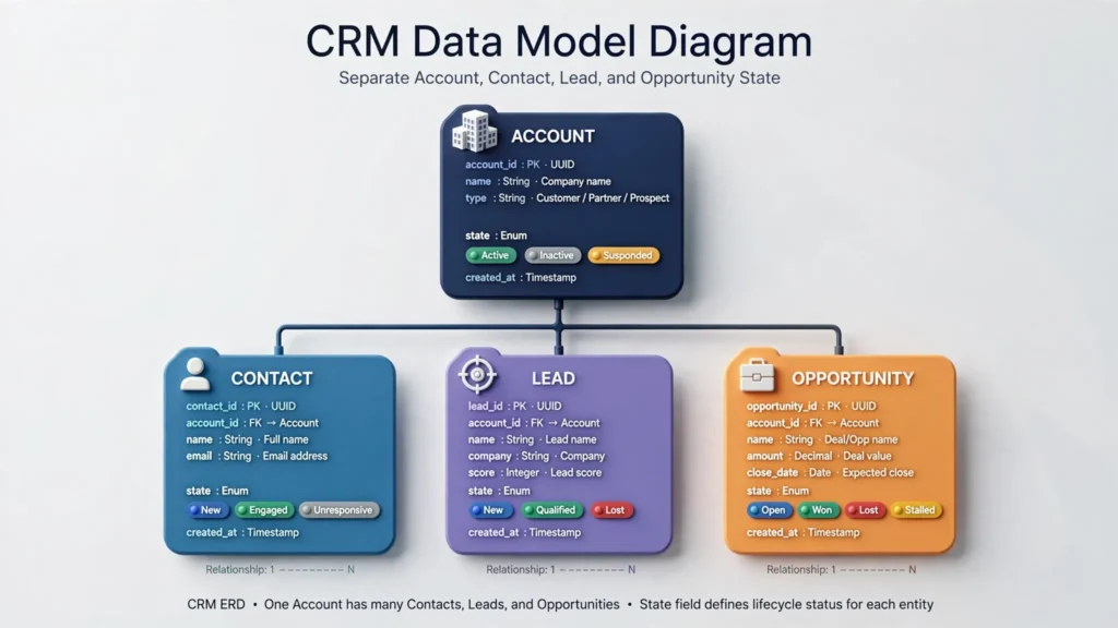 CRM Entity Relationship ERD Schema for Account Contact Lead and Opportunity Lifecycle