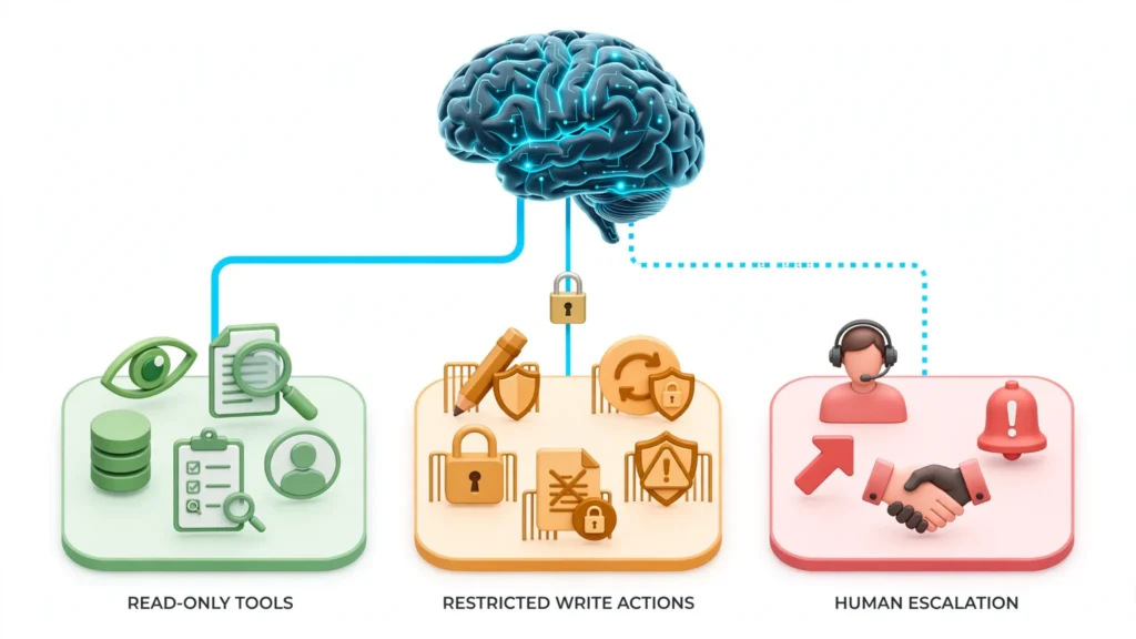 AI commerce tools with read-only access controlled order changes and human escalation