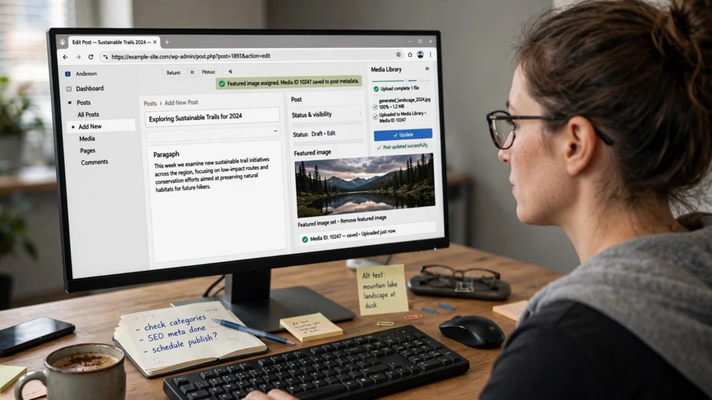 WordPress media upload and featured-image assignment — the generated image being uploaded and attached to a WordPress post.